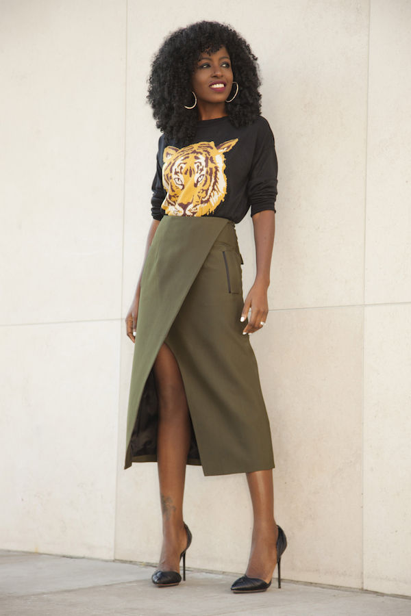 Style Pantry | Tiger Print Crewneck   Faux Wrap Midi Skirt