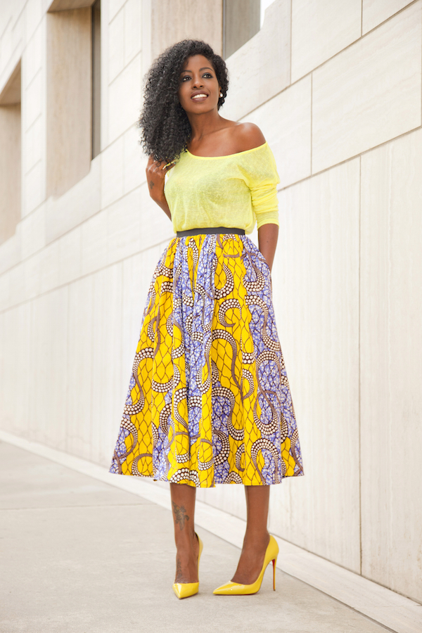 Style Pantry | Neon Yellow Blouse   Ankara Print Midi Skirt