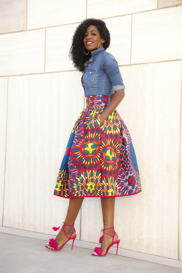 Style Pantry | Fitted Denim Shirt   Printed Midi Skirt