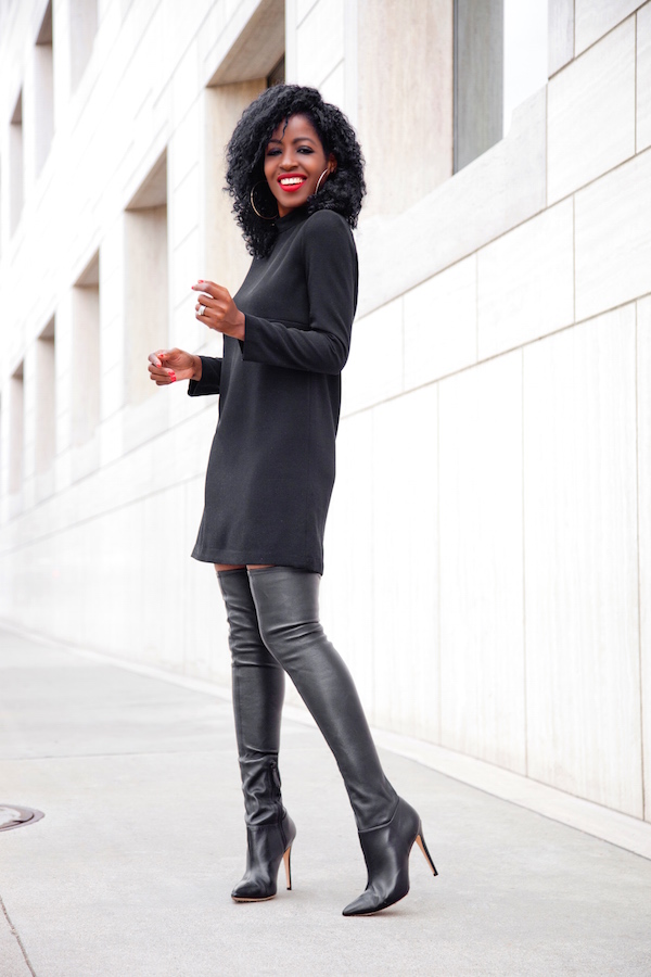 black dress with tall boots