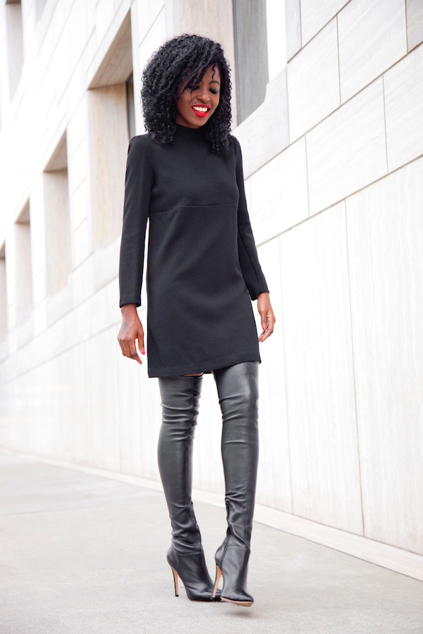 knee high boots and black dress