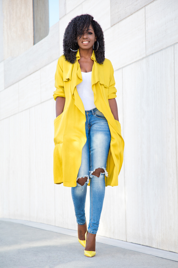 Style Pantry | Yellow Trench + Bodysuit + Distressed Jeans