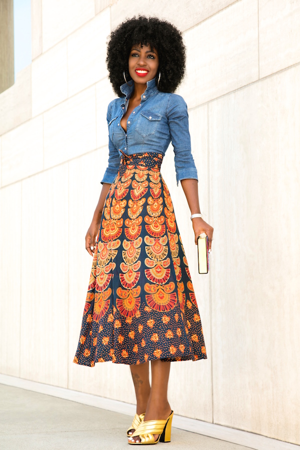 Style Pantry | Denim Shirt + Printed Wrap Midi Skirt