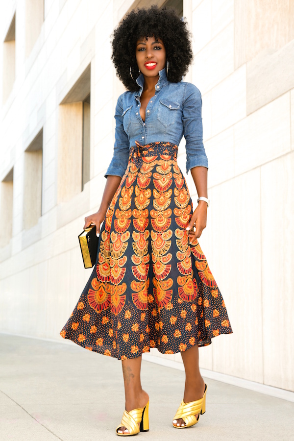 shirt and midi skirt