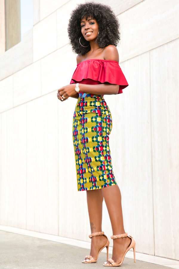 off shoulder top and pencil skirt