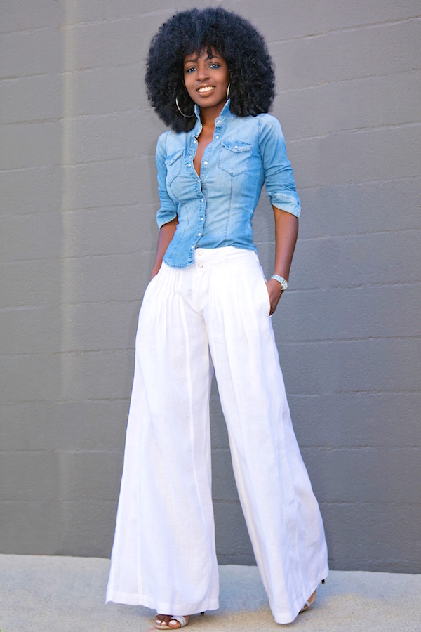 pants on denim shirt