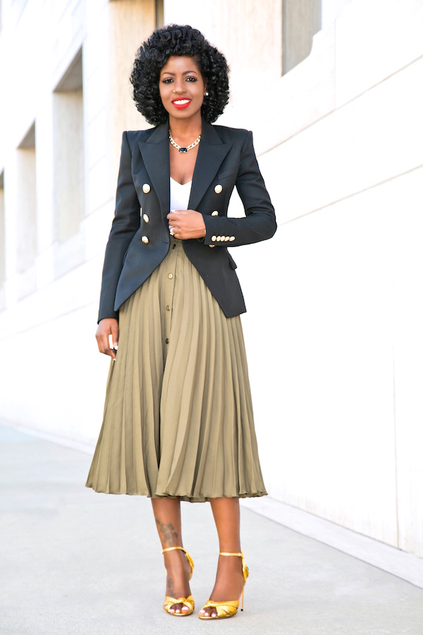 Style Pantry | Double Breasted Blazer + V-Neck Body + Pleated Midi Skirt