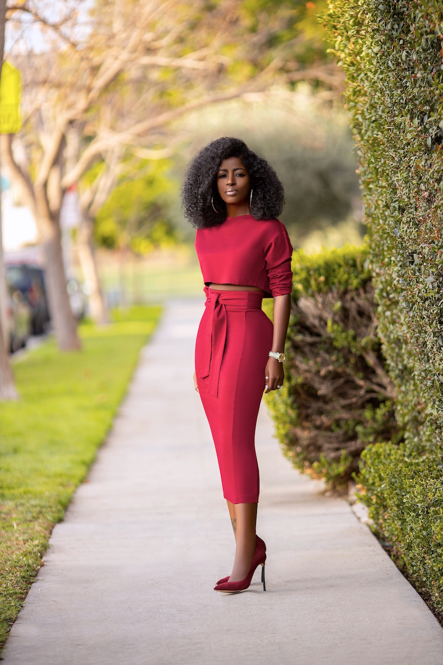 Long Sleeve Crop Top + Belted Pencil Skirt 