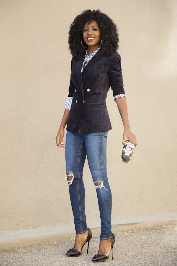 Style Pantry | Velvet Blazer + Striped Shirt + Ripped Jeans