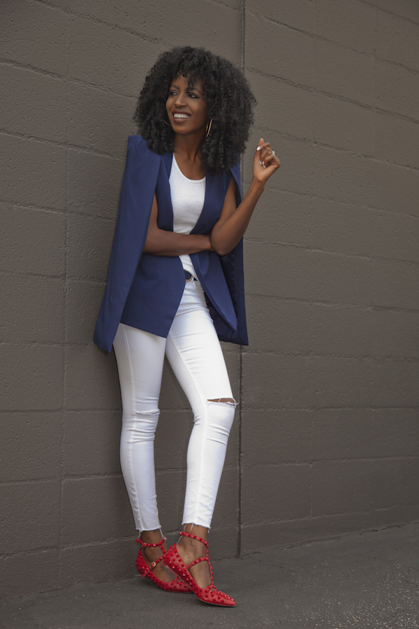 White fashion cape blazer outfit