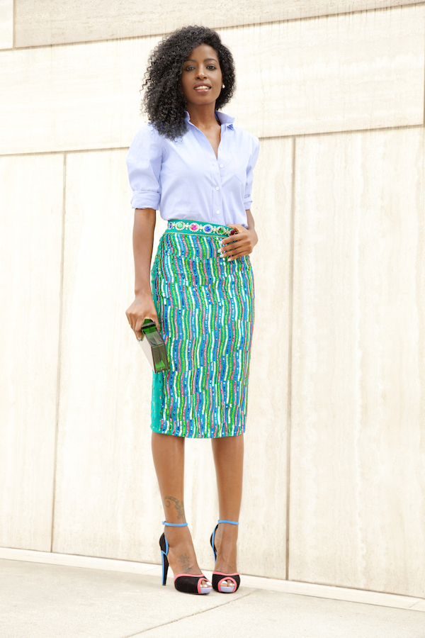 Boyfriend Shirt + Embellished Pencil Skirt – StylePantry