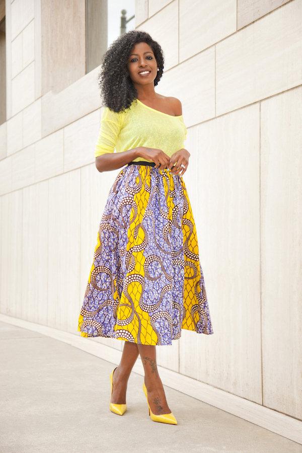 Style Pantry | Neon Yellow Blouse + Ankara Print Midi Skirt