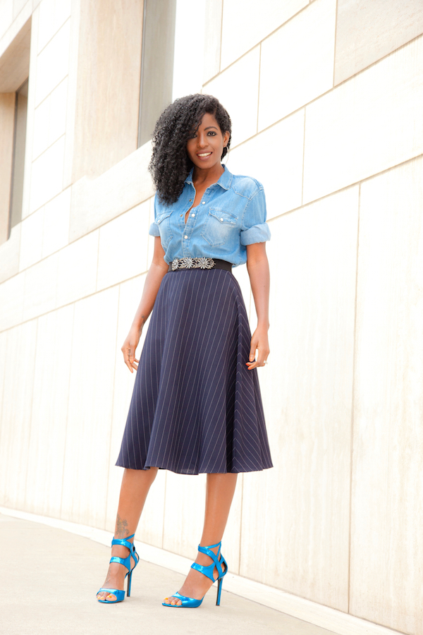 Style Pantry | Boyfriend Denim Shirt + Pinstripe Midi Skirt