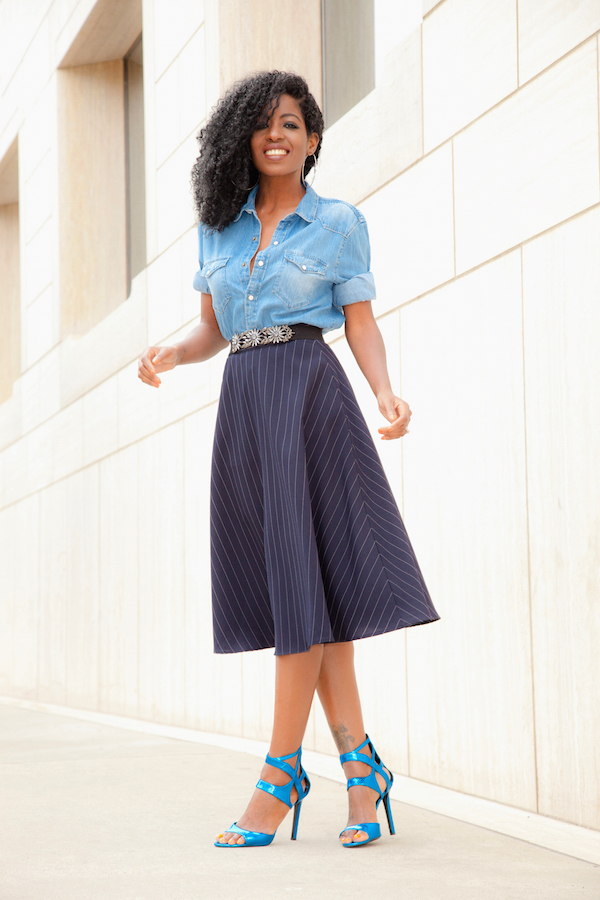 Boyfriend Denim Shirt + Pinstripe Midi Skirt – StylePantry