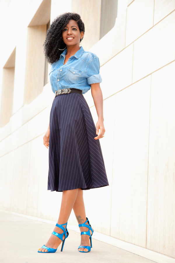 Style Pantry | Boyfriend Denim Shirt + Pinstripe Midi Skirt