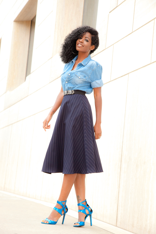 Style Pantry | Boyfriend Denim Shirt + Pinstripe Midi Skirt