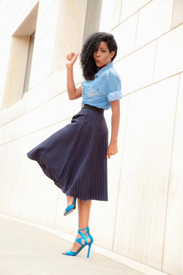Style Pantry | Boyfriend Denim Shirt + Pinstripe Midi Skirt