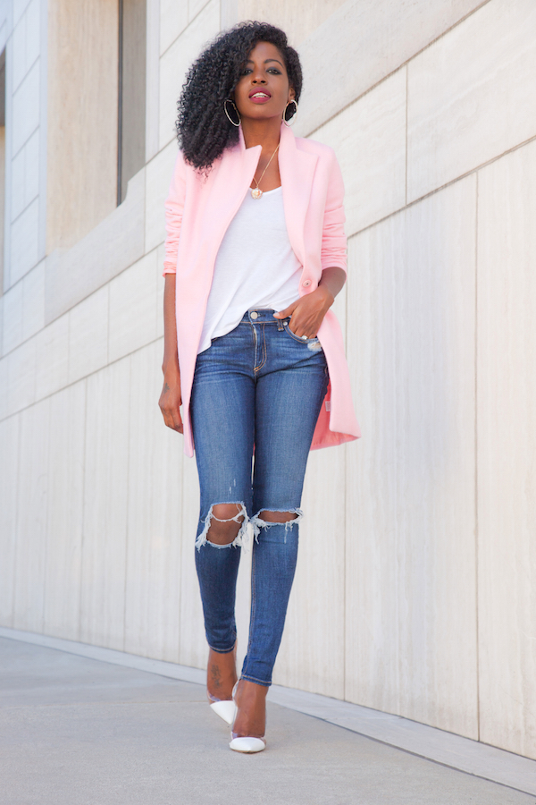 Pink Coat + Tank + Ripped Skinnies – StylePantry