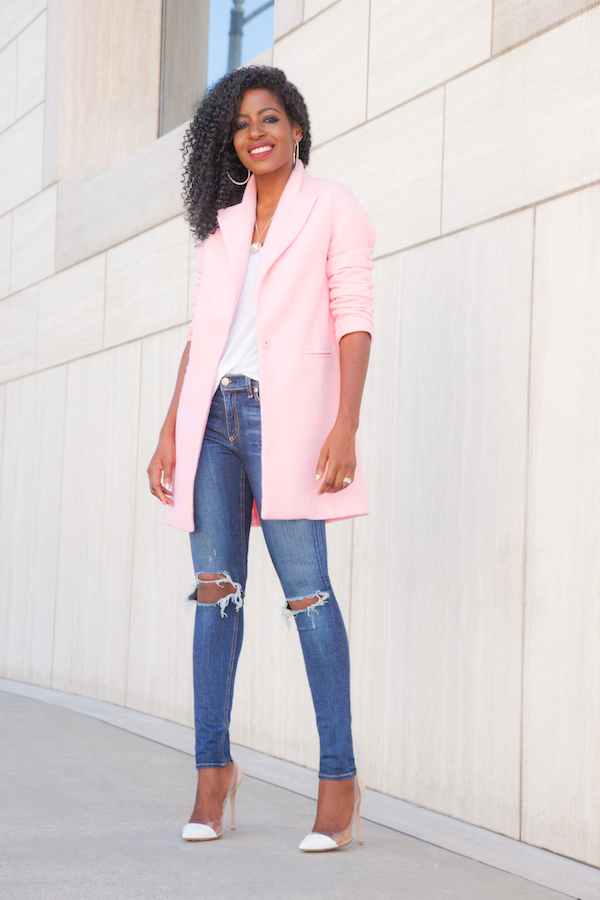 Pink Coat + Tank + Ripped Skinnies – StylePantry