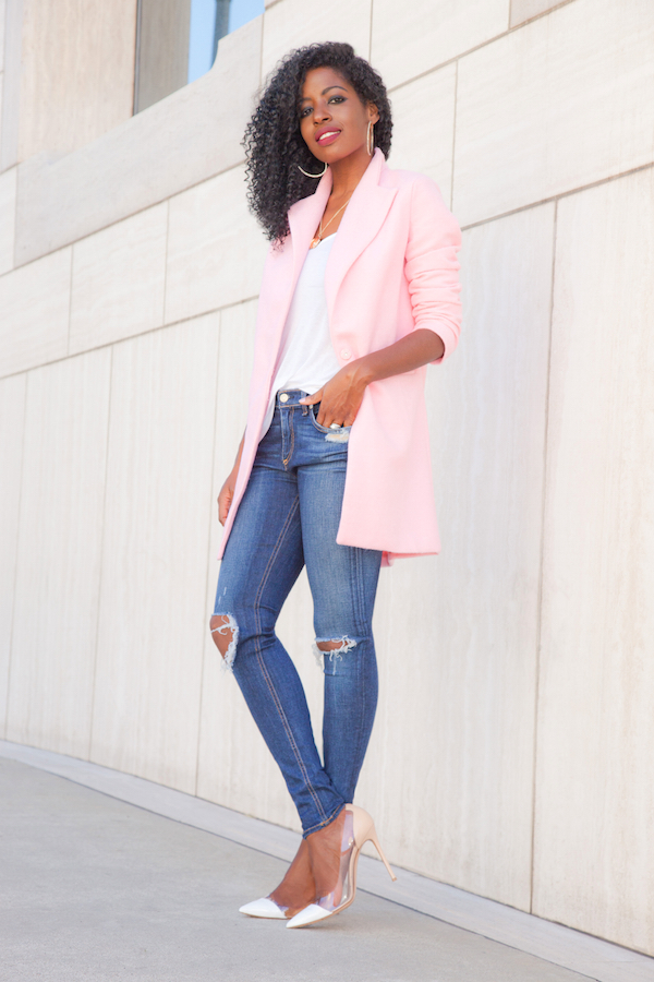 Pink Coat + Tank + Ripped Skinnies – StylePantry