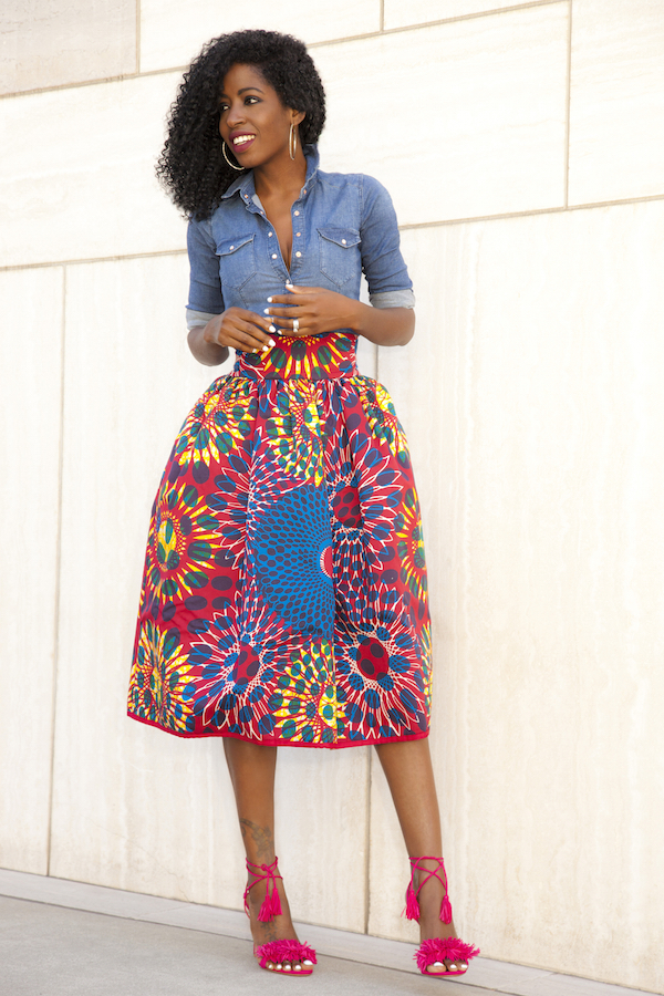 Style Pantry | Fitted Denim Shirt + Printed Midi Skirt