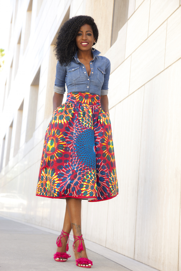 Style Pantry | Fitted Denim Shirt + Printed Midi Skirt