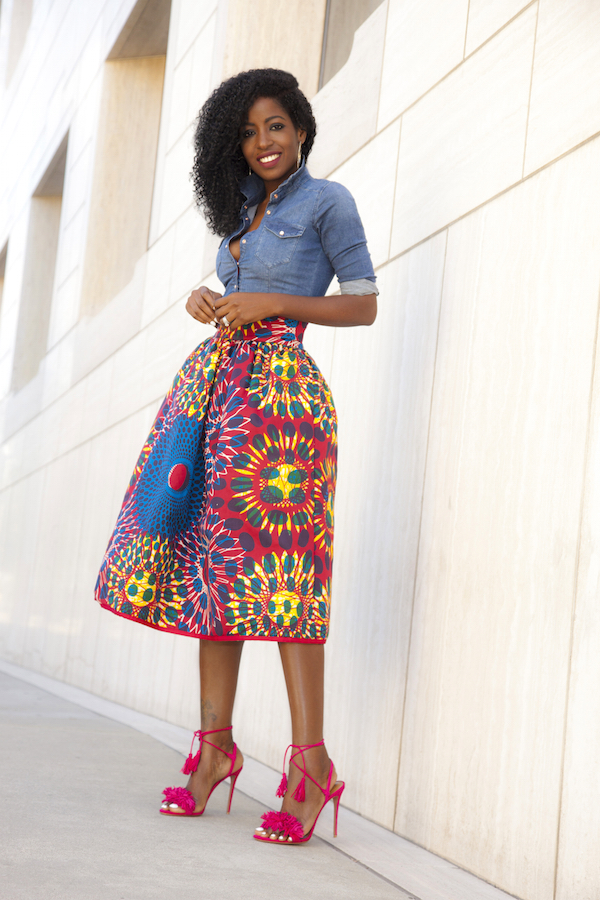 Fitted Denim Shirt + Printed Midi Skirt – StylePantry