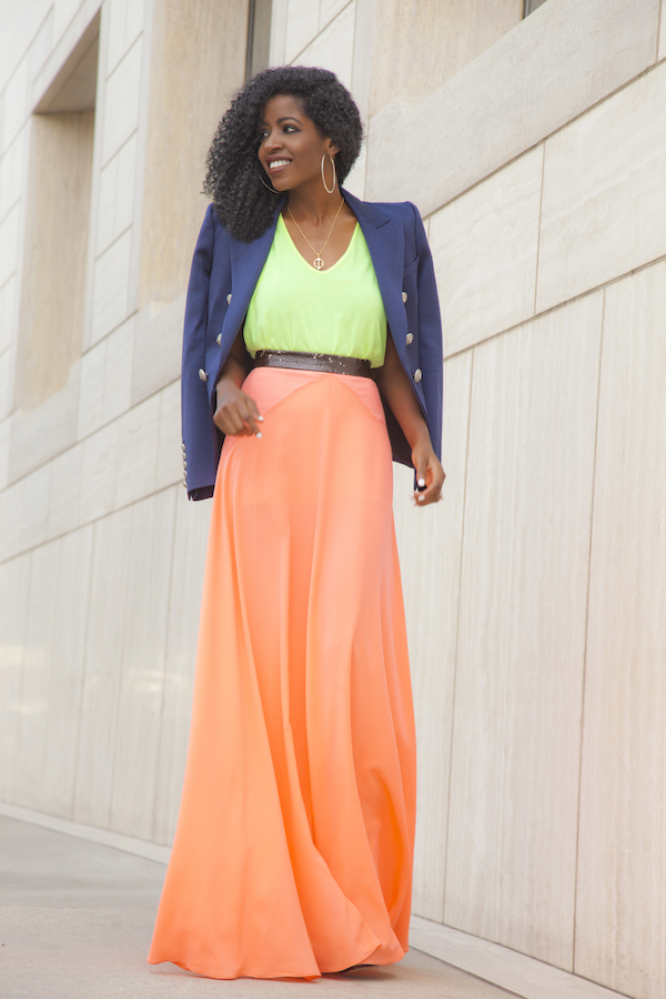 Style Pantry | Navy Blazer + Neon Tank + Orange Maxi Skirt