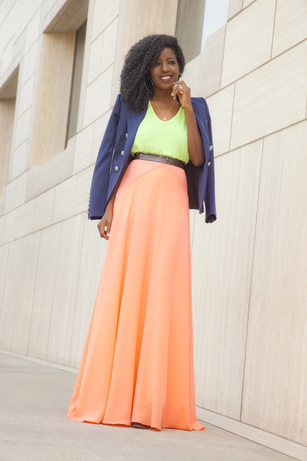 Style Pantry | Navy Blazer + Neon Tank + Orange Maxi Skirt