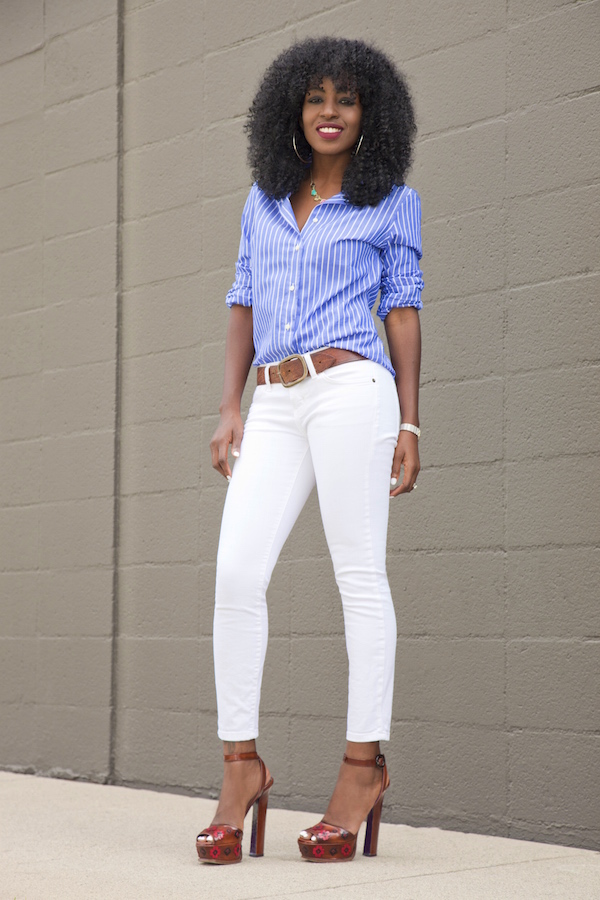 Style Pantry | Striped Button-Down Shirt + White Pegged Jeans