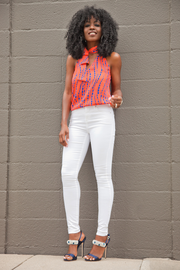 Printed Halter Top + White High Waist Jeans – StylePantry