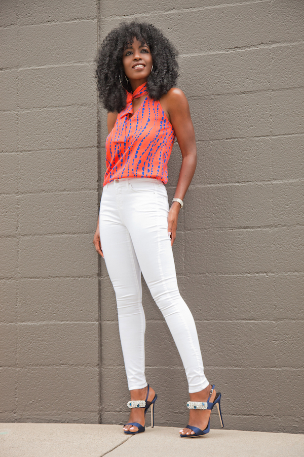 Printed Halter Top White High Waist Jeans StylePantry
