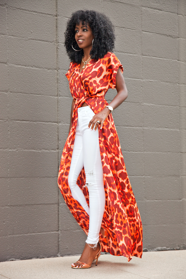 Leopard Print Wrap Dress + Distressed White Jeans – StylePantry
