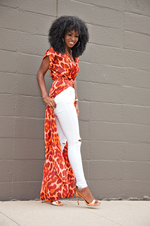 Style Pantry | Leopard Print Wrap Dress + Distressed White Jeans