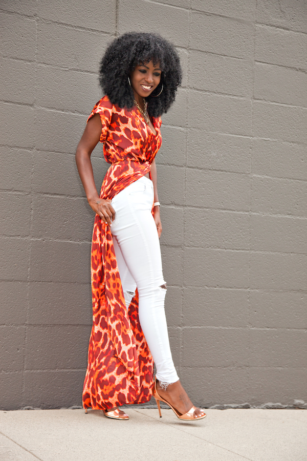 Leopard Print Wrap Dress + Distressed White Jeans – StylePantry