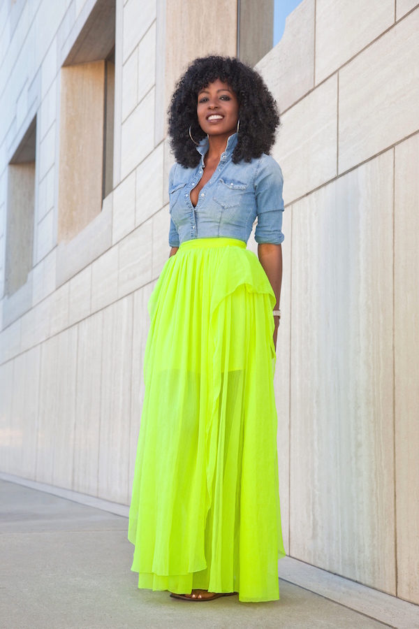 Denim Shirt + Neon Maxi Skirt – StylePantry