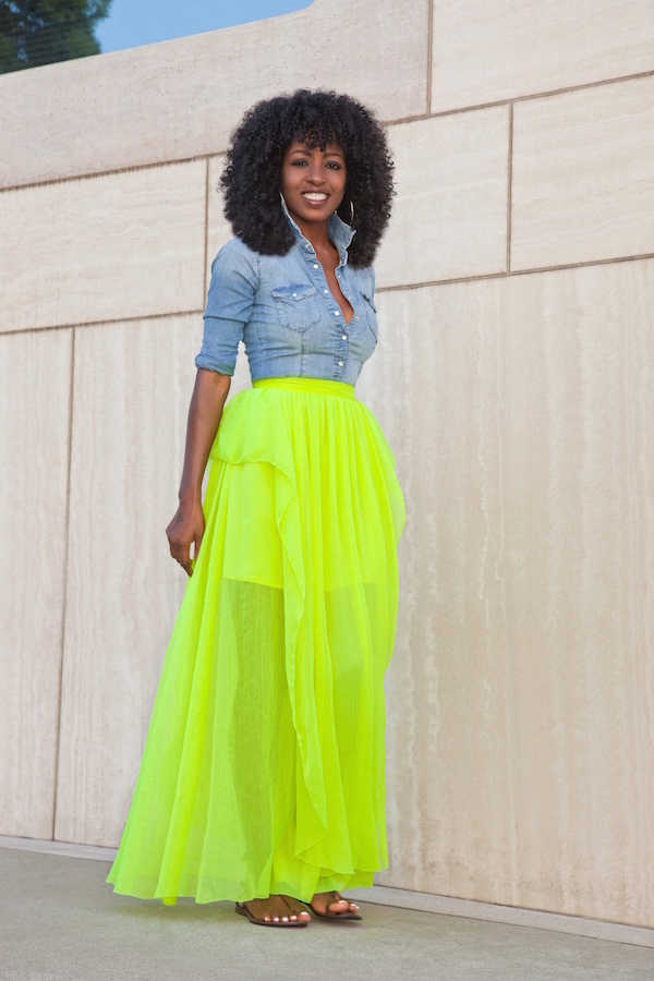 Denim Shirt + Neon Maxi Skirt – StylePantry
