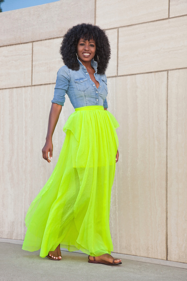 Denim Shirt + Neon Maxi Skirt | Style Pantry | Bloglovin’