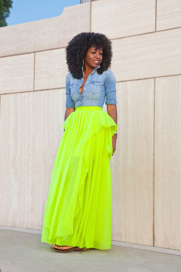 Style Pantry | Denim Shirt + Neon Maxi Skirt