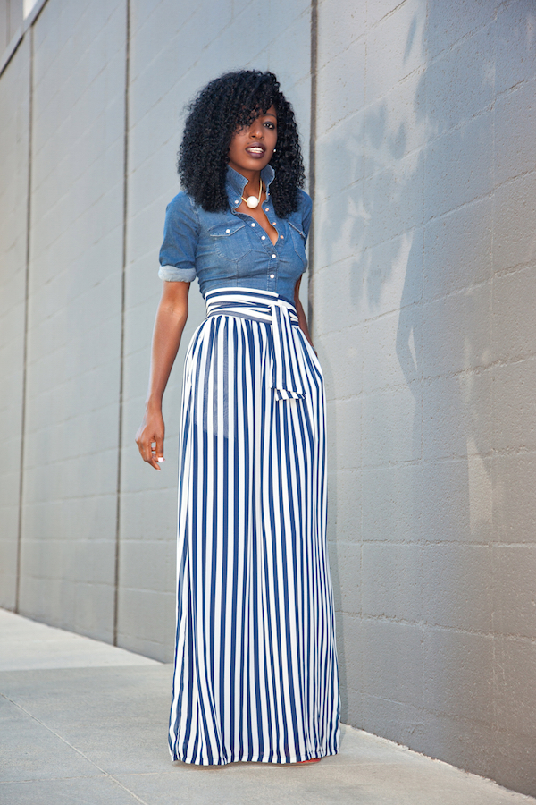 Style Pantry | Fitted Denim Shirt + Striped Maxi Skirt