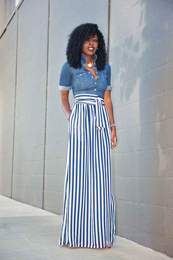 Fitted Denim Shirt + Striped Maxi Skirt – StylePantry