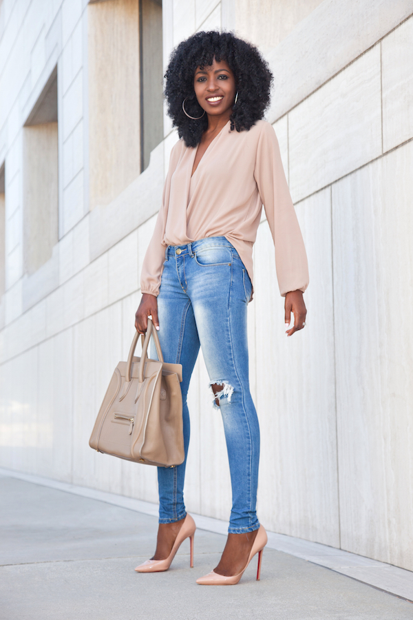 Long Sleeve Faux Wrap Blouse + Ripped Skinny Jeans – StylePantry