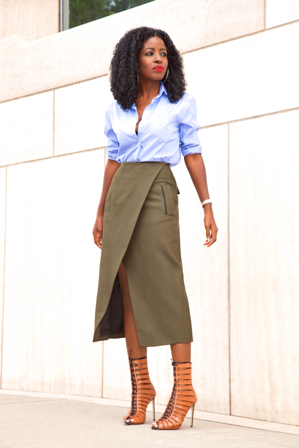 Oxford Boyfriend Shirt + Faux Wrap Midi Skirt – StylePantry