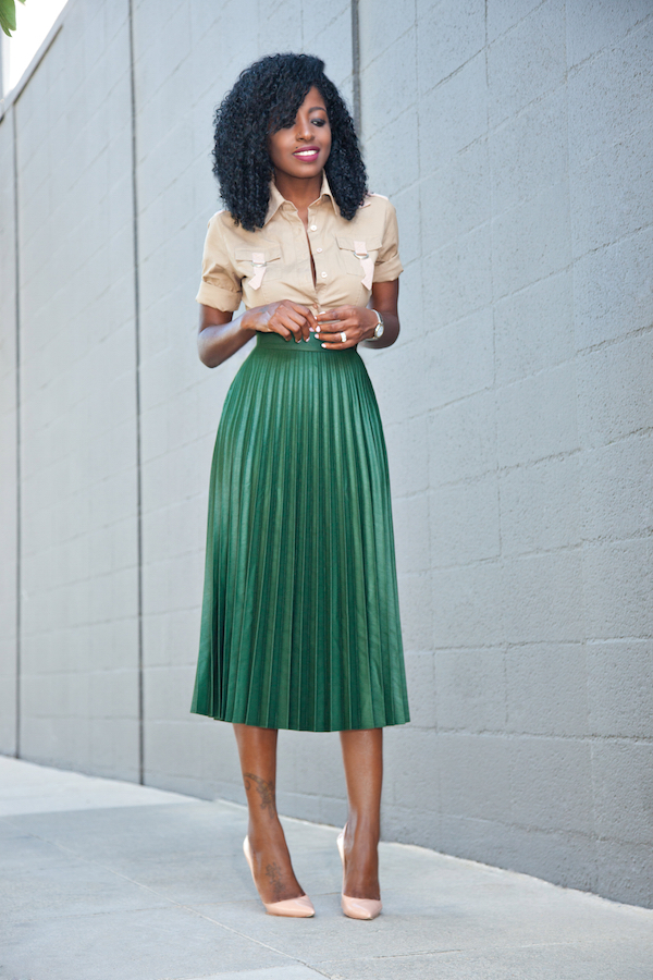 Style Pantry | Military Style Shirt + Pleated Accordion Midi Skirt