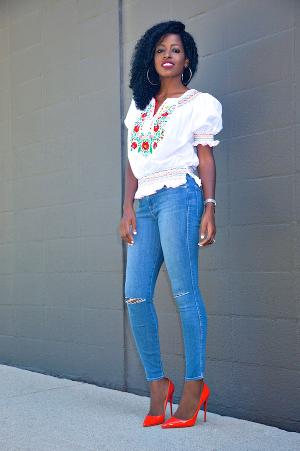 Style Pantry | Dora Embroidered Top + Ripped Skinnies