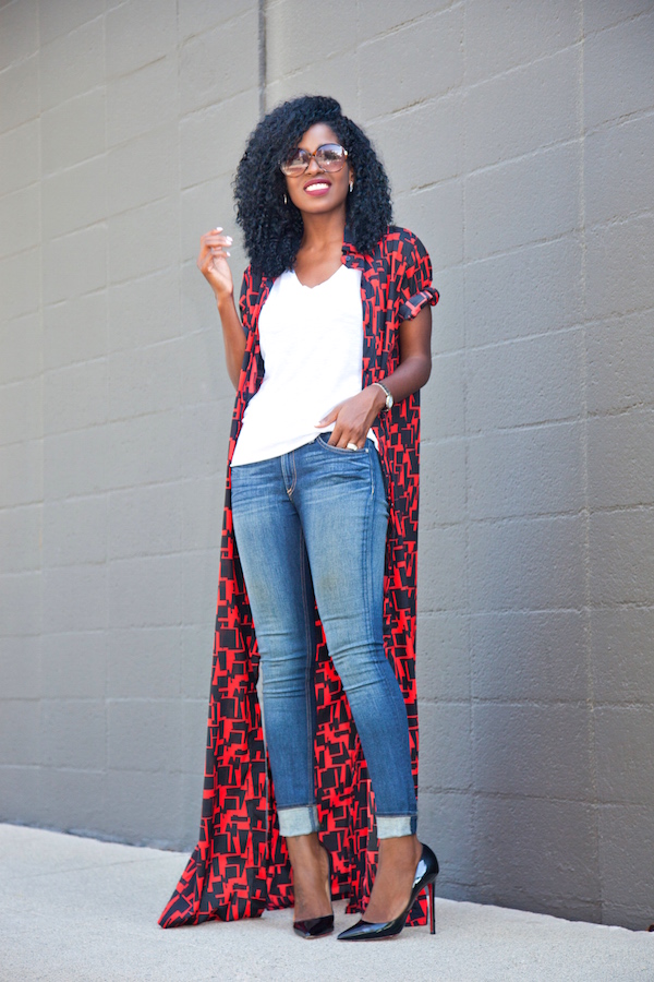 Style Pantry | Shirt Dress Cover Up + Plain White Tee + Skinny Jeans