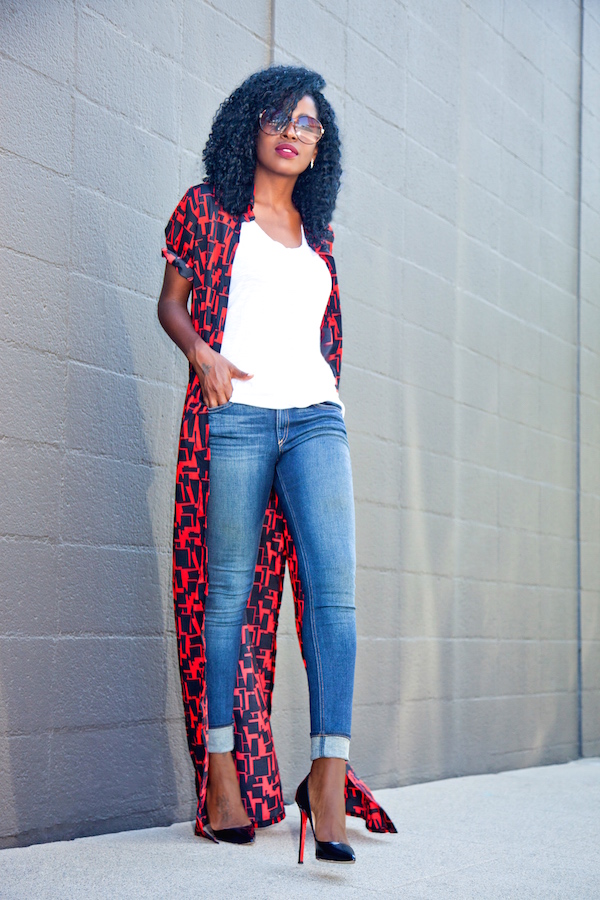 Style Pantry | Shirt Dress Cover Up + Plain White Tee + Skinny Jeans