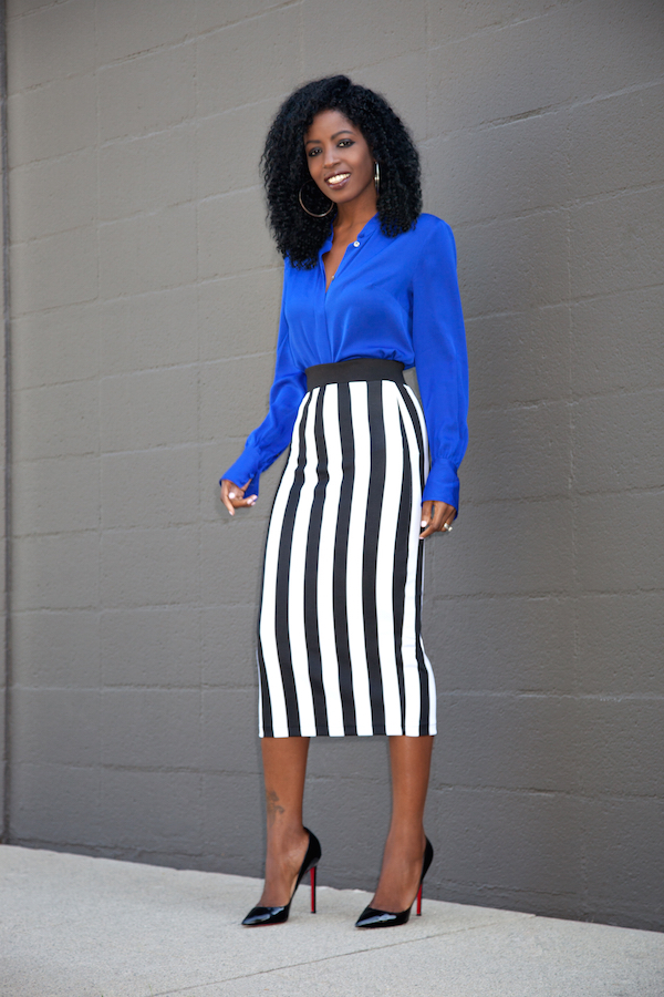 Style Pantry | Silk Long Sleeve Blouse + Striped Midi Skirt