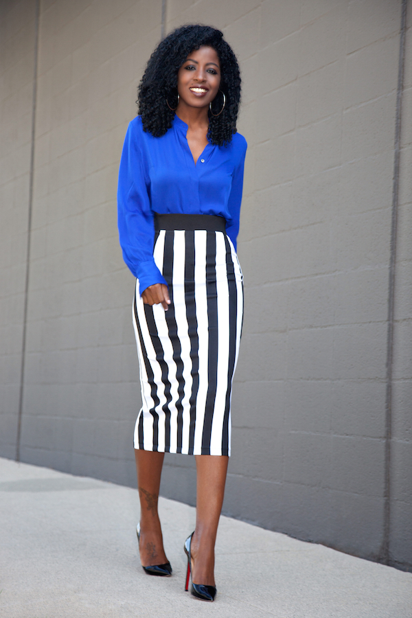 Style Pantry | Silk Long Sleeve Blouse + Striped Midi Skirt