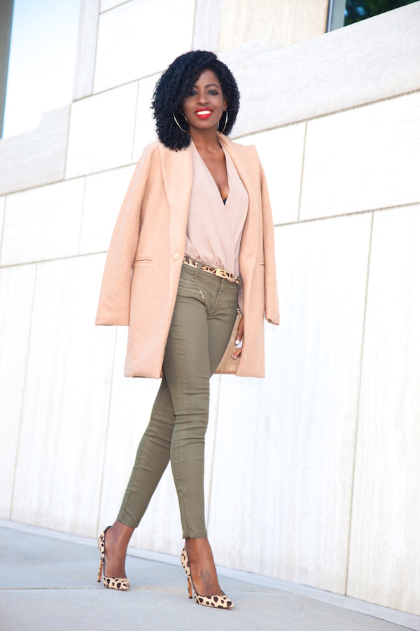 Style Pantry | Cocoon Coat + Faux Wrap Blouse + Coated Jeans